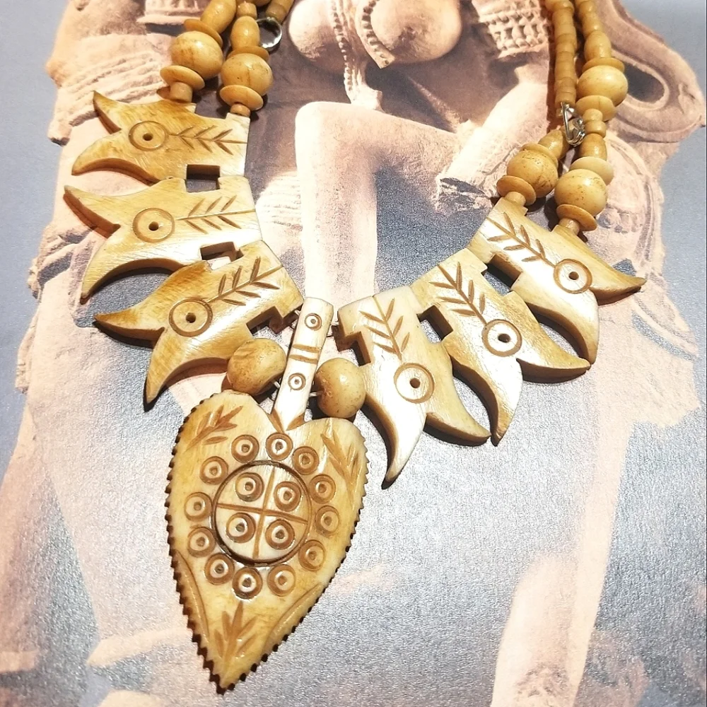 Antiq African Tribal ADINKRA Symbol Hand Carved Bone Necklace